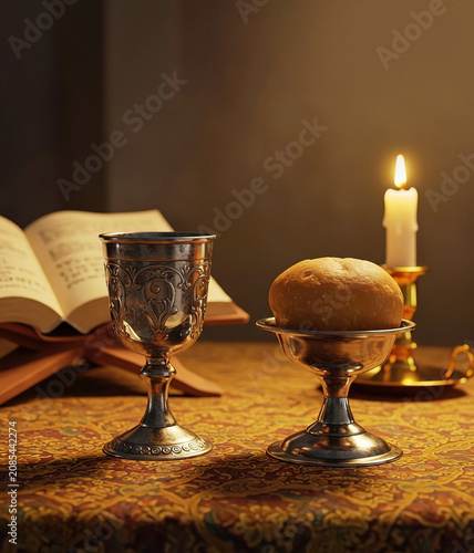 Silver Chalice and Paten with Communion Bread, Lit Candle and Open Bible on Altar in Warm Golden Light with Copy Space