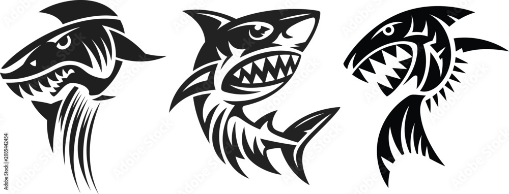 Fototapeta premium Vector illustration set of three angry aggressive shark mascots in black tribal tattoo style isolated on white background