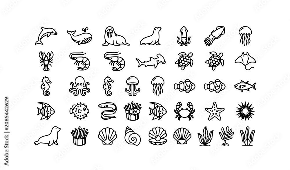 Obraz premium Minimal Ocean Wildlife Outline Icons with Marine Animals and Sea Creature Black Line Vector Pack