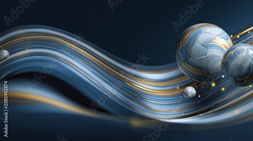 Abstract Futuristic Soccer Balls Flowing on Blue and Gold Waves