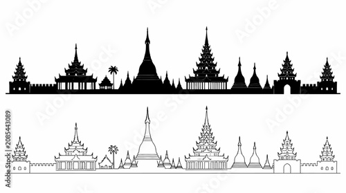 Mandalay City Skyline Silhouette and Outline Vector Illustration