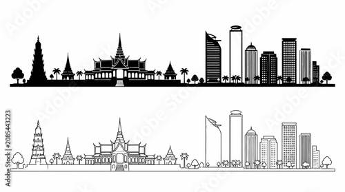 Phnom Penh City Skyline Silhouette with Traditional and Modern Buildings