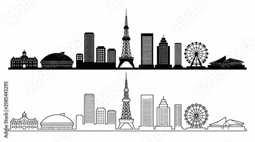 Tokyo city skyline silhouette icon set, flat vector cityscape design