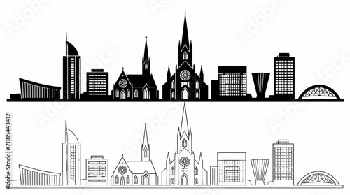 Minimalist city skyline silhouette with church and modern buildings