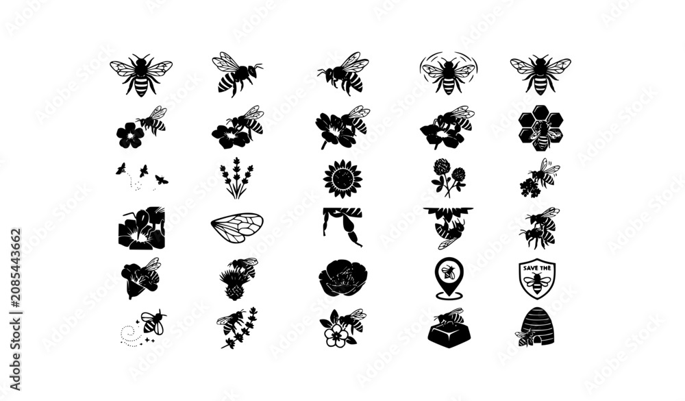 Obraz premium Bee icon grid black and white vector collection