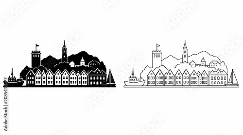 Bergen City Skyline Silhouette and Outline Vector Illustration
