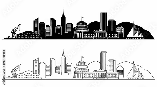 Wellington City Skyline Silhouette and Line Art Illustration