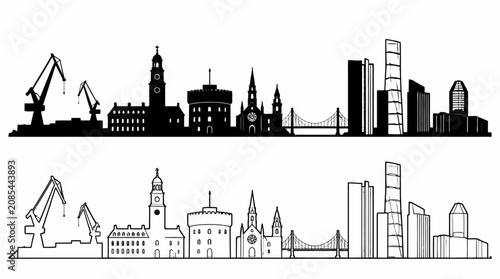 City skyline silhouette with industrial cranes and modern buildings