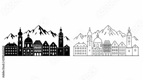 Salzburg city skyline silhouette with Alps mountains, vector design