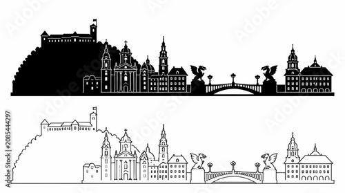 Ljubljana City Skyline Silhouette with Dragon Bridge Illustration