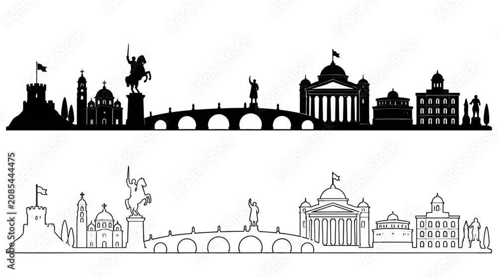 Obraz premium Podgorica city skyline silhouette and outline with landmark monuments