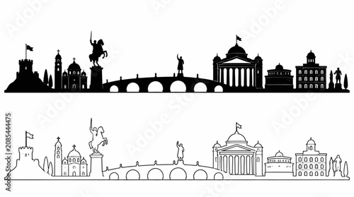 Podgorica city skyline silhouette and outline with landmark monuments