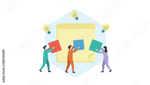 Diverse team collaborating on a project by placing colorful sticky notes on a central board to brainstorm innovative business solutions.