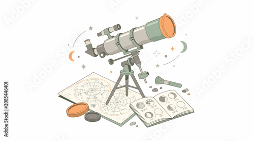 Vintage telescope on tripod with star map and tools.