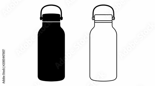 Black and white reusable water bottle icons, eco-friendly hydration concept.