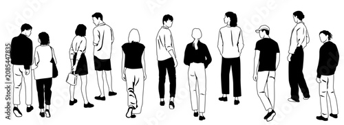 Silhouettes of standing and walking people, men and women, back and profile views; hand drawn, linear sketch, vector image, black and white, isolated on a white background