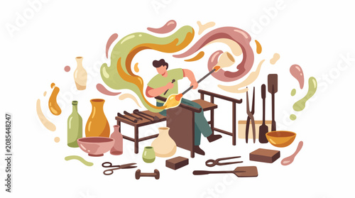 Creative woman painting with colorful artistic tools.