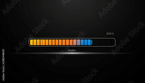 Futuristic Progress Bar Loading Indicator with Digital Percentage Display and Abstract Glowing Light Effect on Dark Background