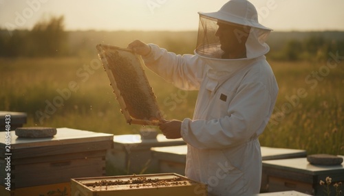 Beekeeper in protective suit inspecting honeycomb frame in apiary at sunset