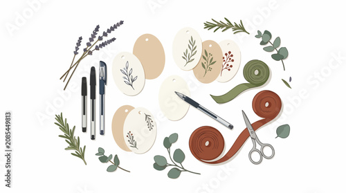 Foto Flat lay of sewing tools and crafting supplies.