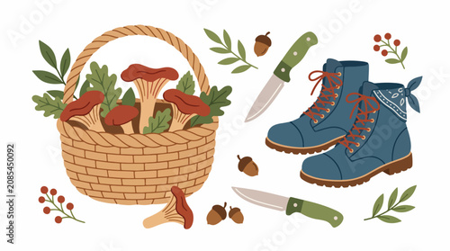 Foto Autumn foraging illustration with mushrooms and hiking gear 1.