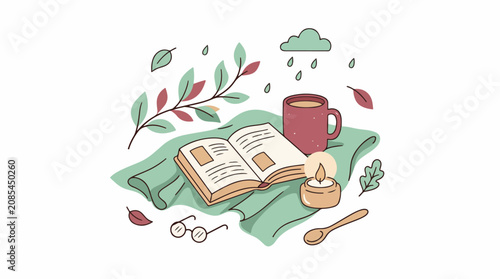 Cozy reading setup with open book and coffee cup.