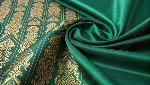 Thai gold patterns decorate green fabric with elegant traditional motifs and smooth texture creating luxurious and cultural visual appeal