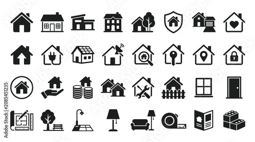 Black and white home security icons.
