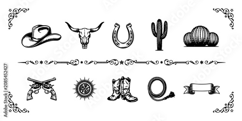 Western Themed Vector Icons Set with Cowboy Hat, Bull Skull, Horseshoe, Cactus and Barrels on White Background