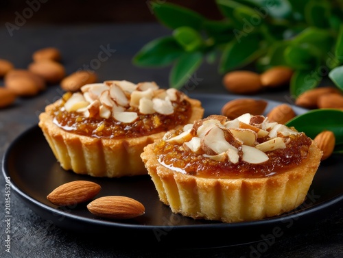 Two individual mini tarts topped with apricot jam glaze and sliced almonds, served on a black plate with scattered whole almonds and fresh green leaves on a dark textured background.