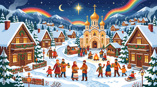 Snowy Village Christmas Scene with Church and People.