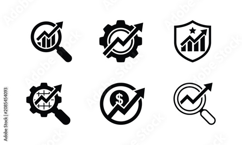 Business growth icons with charts and magnifying glass.