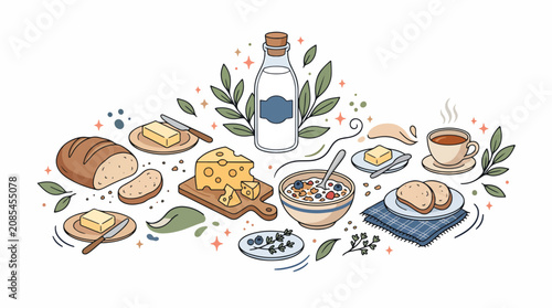 Obraz na płótnie Colorful breakfast spread with bread butter milk and tea.