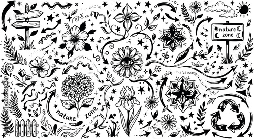 Monochrome nature zone botanical hand drawn doodles with botanical monochrome illustration direction hibiscus hydrangea friendly elements background stylized sustainability