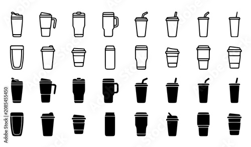 Modern Tumbler Outline and Silhouette Vector Icon Set Reusable Drink Cup Collection