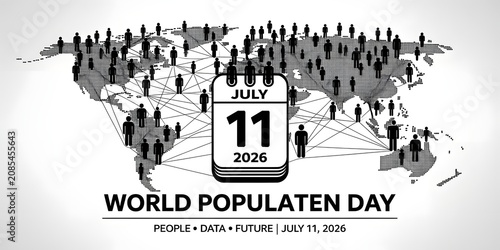 Minimalist Human Icons Connected by Network Lines Celebrating Global Population in Flat Design