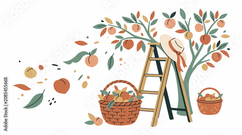 Fotografía Illustration of apple tree harvest with baskets and ladder.