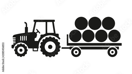 Vector illustration of tractor with a trailer loaded with hay bales on a transparent background