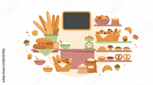 Foto Colorful flat lay of bakery items and laptop.