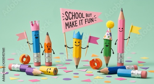 Creative pencil characters holding 'SCHOOL BUT MAKE IT FUN' sign