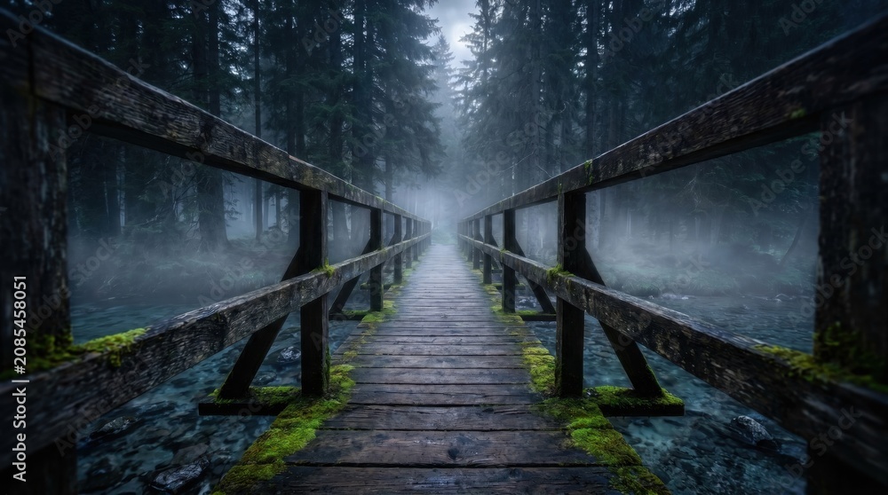 Obraz premium Mysterious Wooden Bridge Leading Through a Misty Forest Over a Clear Stream