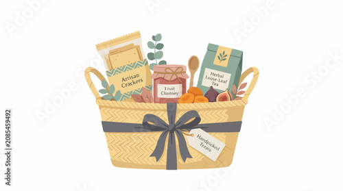 Slika na platnu Woven basket filled with assorted food items and gifts.