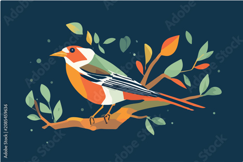Fotografía Colorful vector illustration of a small songbird resting peacefully upon a tree