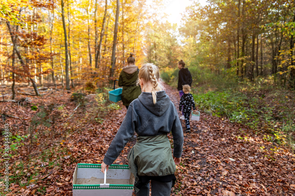 Naklejka premium Family walks along forest path in autumn light, carrying baskets for mushroom picking and nature exploration. Warm woodland scene shows children, parents, foliage, adventure, and outdoor learning