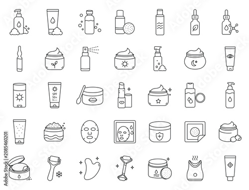 Skincare and beauty product editable stroke line icon set. Related serum, cream, sunscreen and face mask symbols
