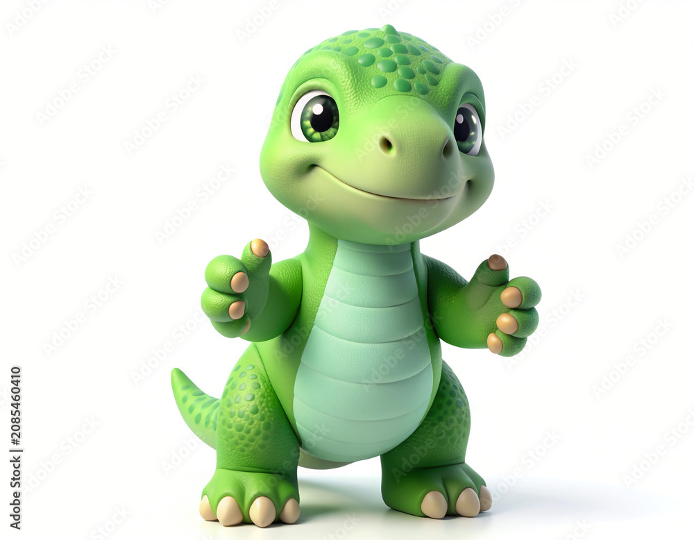 Fototapeta premium A green cartoon dinosaur stands smiling with raised hands on a white background.