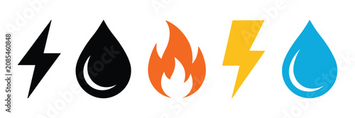 Gas electricity and water icon featuring lightning bolt, water drop, fire symbol, utility service, energy supply and outline vector