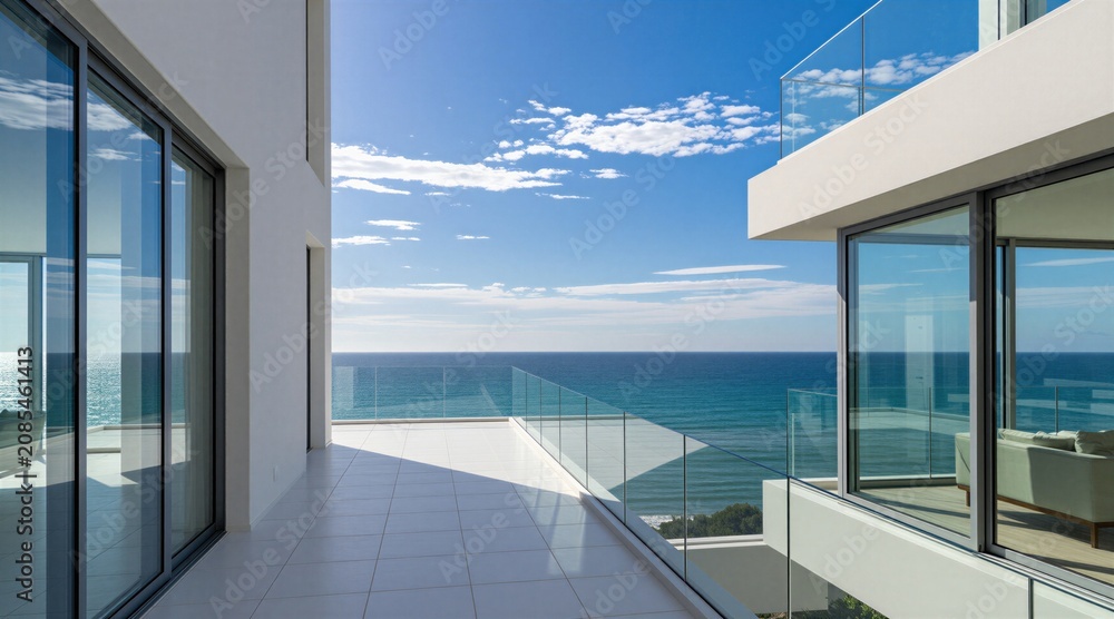 Fototapeta premium Modern white terrace with glass railings faces blue sea and sky. Sunny day, ocean horizon, calm water, clean architecture. Spacious balcony with white tiles.
