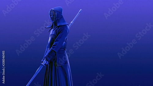 Blue silhouette of kendo warrior holding sword