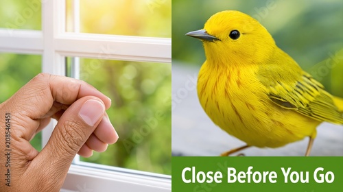 Bright window sunlight illuminating yellow bird in spring nature